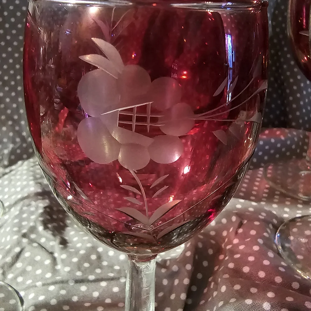 Ruby Red Etched Glass Decanter Set - 6 Stemmed Glasses